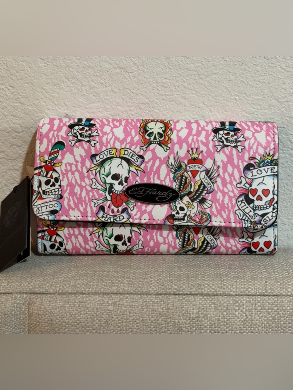 ED HARDY Pink Tattoo Skull Wallet NWT